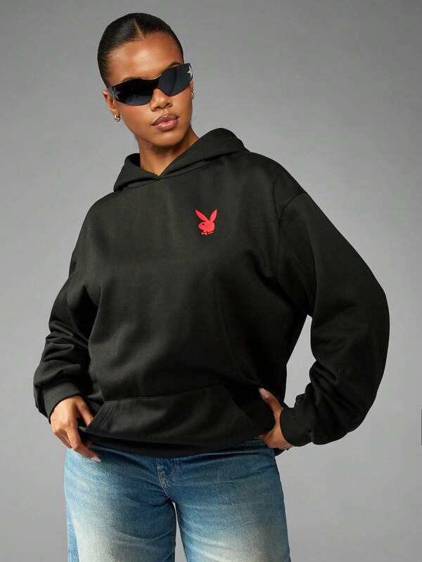 Missguided X Playboy Oversized Magazine Cover Print Hoodie Mini Dress With Long Sleeves