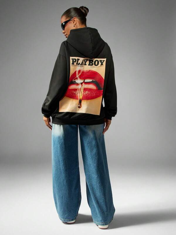 Missguided X Playboy Oversized Magazine Cover Print Hoodie Mini Dress With Long Sleeves