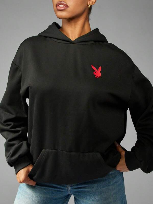 Missguided X Playboy Oversized Magazine Cover Print Hoodie Mini Dress With Long Sleeves