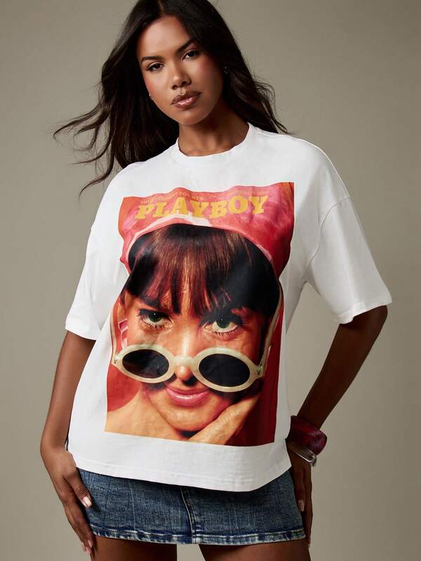Missguided X Playboy Oversized Magazine Cover Print T Shirt With Retro Design