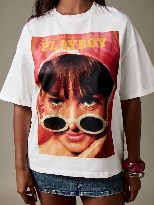 Missguided x Playboy Oversized Magazine Cover Print T Shirt With Retro Design