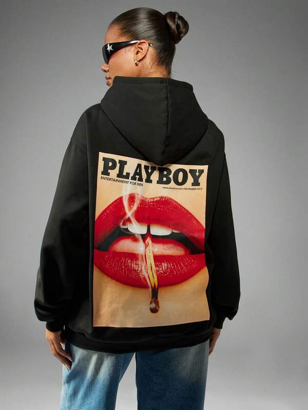 Missguided x Playboy Oversized Magazine Cover Print Hoodie Mini Dress With Long Sleeves