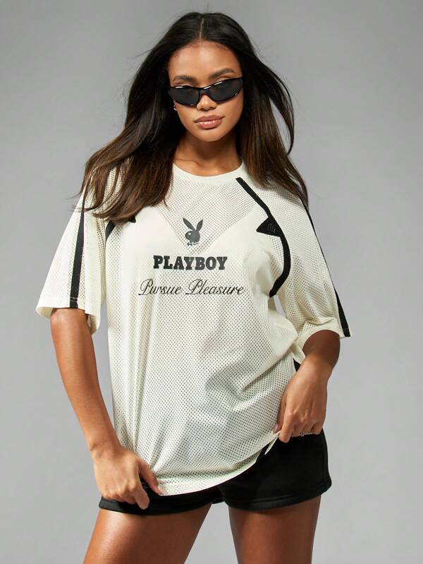Missguided x Playboy Oversized Mesh Jersey Casual T-Shirt
