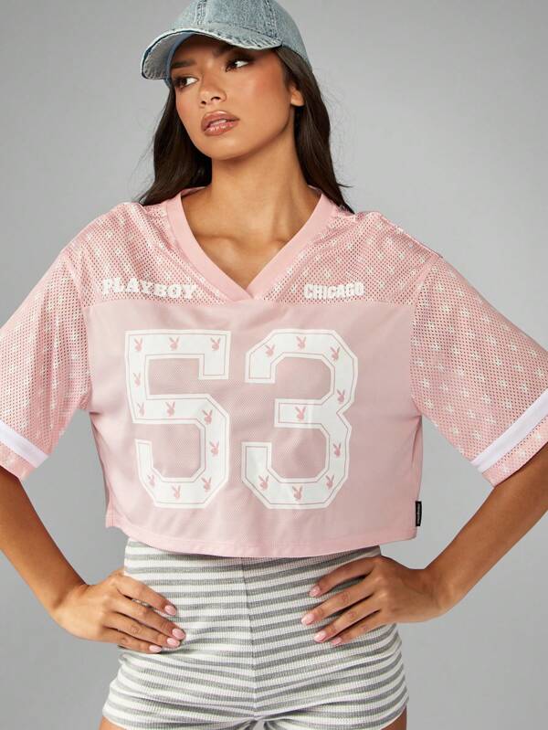 Missguided x Playboy Oversized Mesh Jersey Crop Top With Number Print