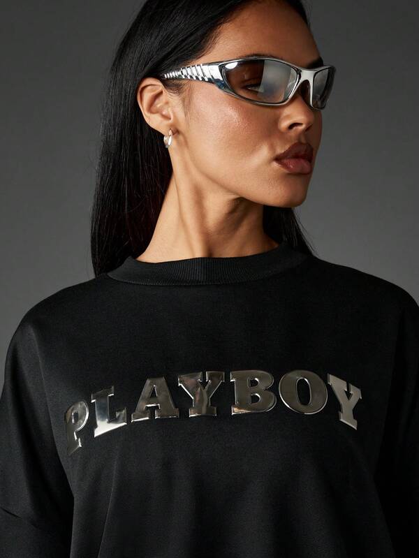 Missguided X Playboy Oversized Metallic Graphic Crew Neck Sweatshirt