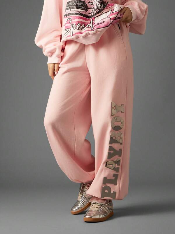 Missguided X Playboy Oversized Metallic Graphic Cuffed Joggers