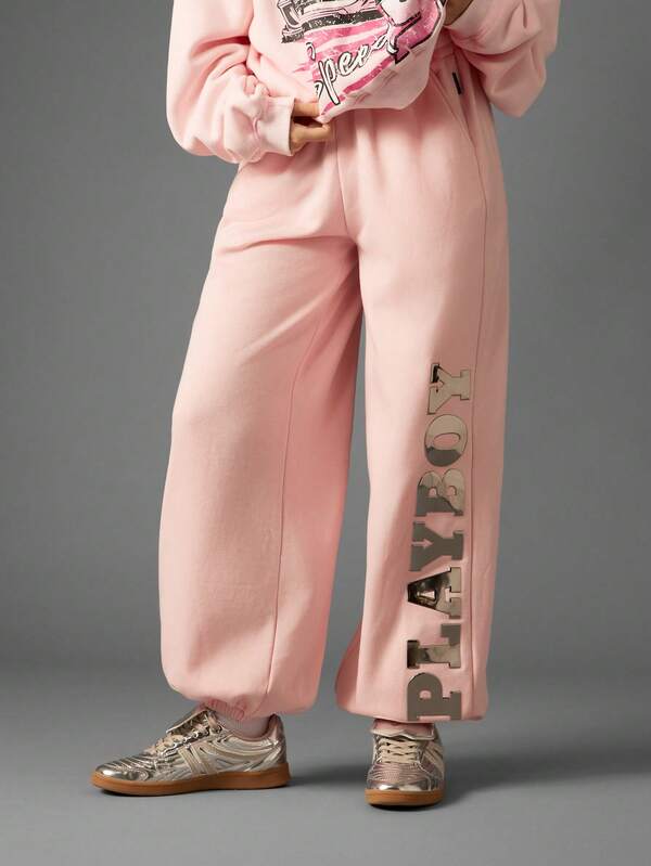 Missguided x Playboy Oversized Metallic Graphic Cuffed Joggers