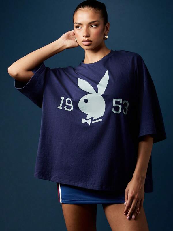 Missguided X Playboy Oversized Navy T Shirt With Bunny Logo Print