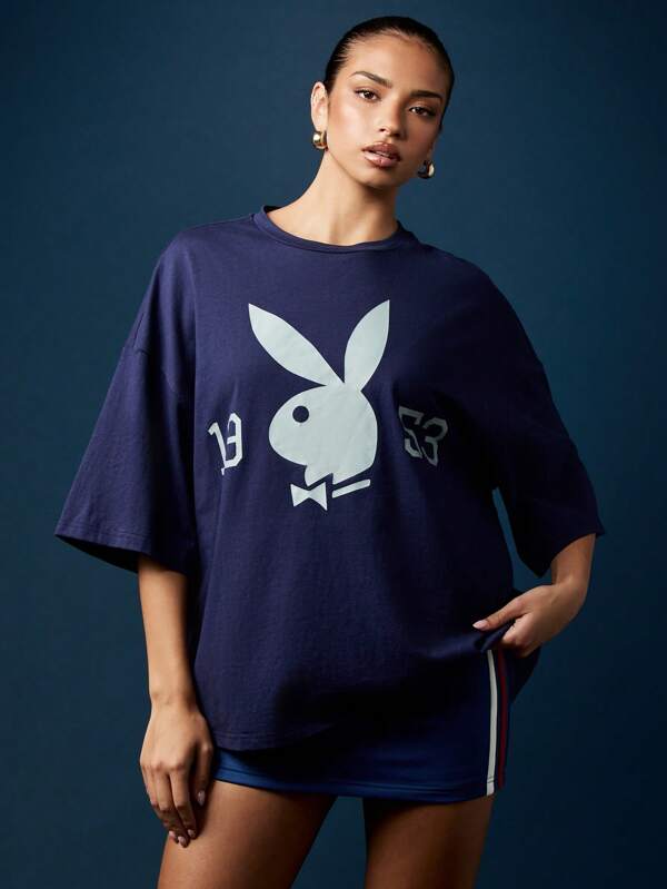 Missguided x Playboy Oversized Navy T Shirt With Bunny Logo Print