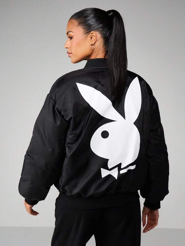 Missguided X Playboy Oversized Padded Bomber Jacket With Logo Print
