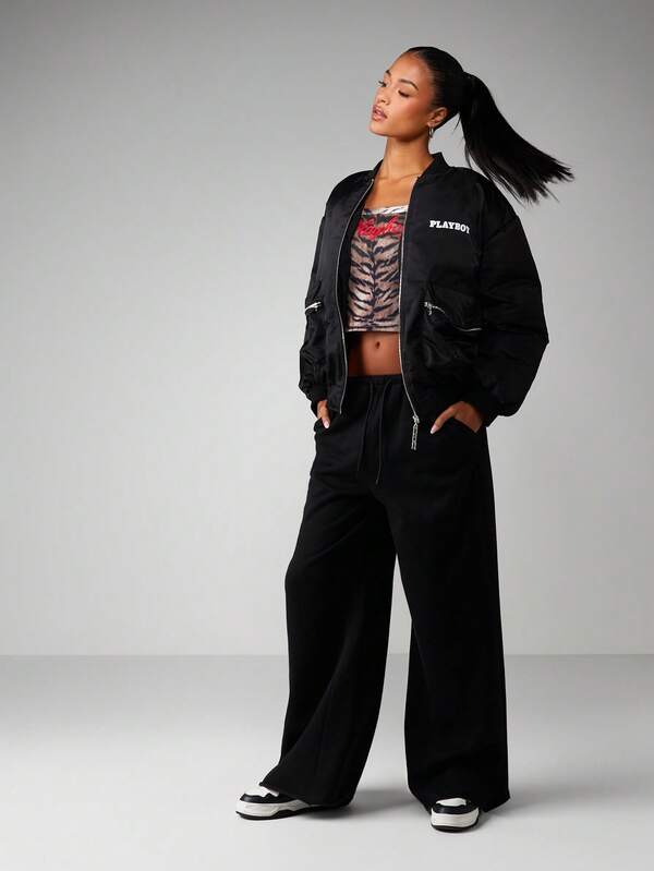 Missguided X Playboy Oversized Padded Bomber Jacket With Logo Print