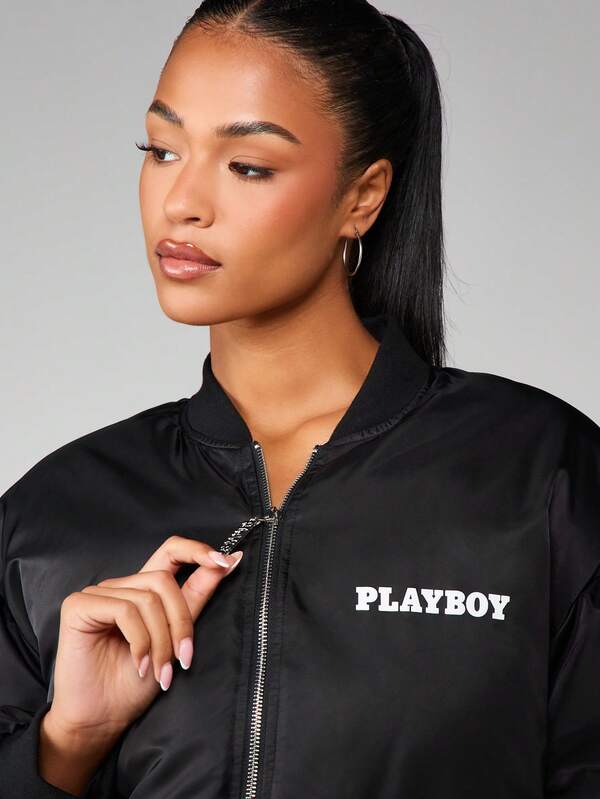 Missguided X Playboy Oversized Padded Bomber Jacket With Logo Print