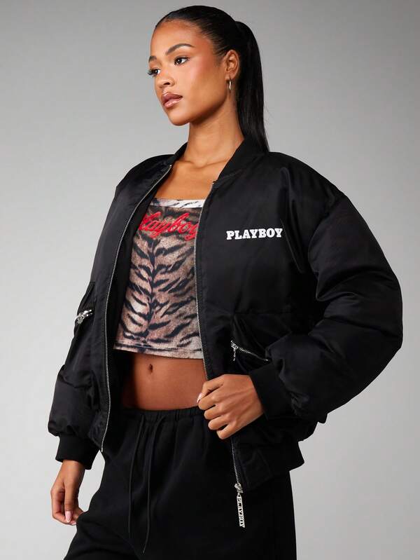 Missguided x Playboy Oversized Padded Bomber Jacket With Logo Print