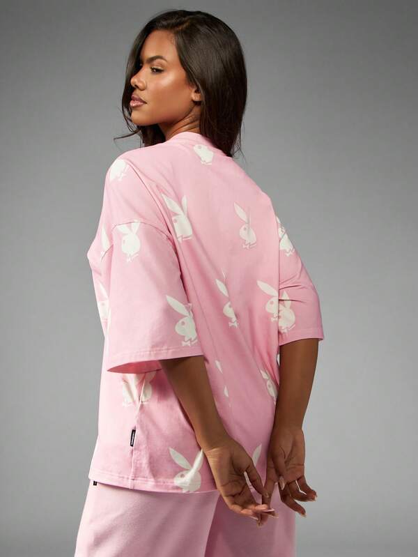 Missguided X Playboy Oversized Pink Tee With Allover Bunny Print