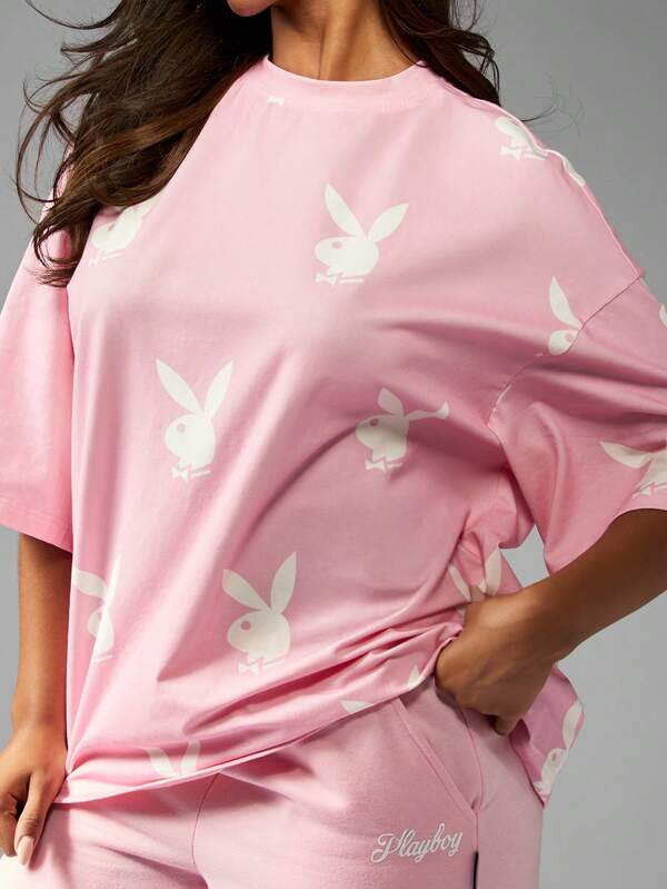 Missguided X Playboy Oversized Pink Tee With Allover Bunny Print