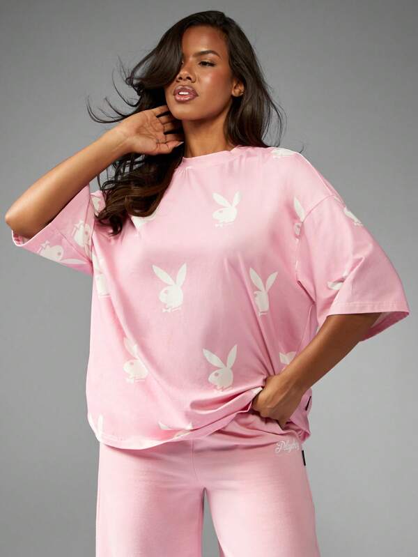 Missguided x Playboy Oversized Pink Tee With Allover Bunny Print