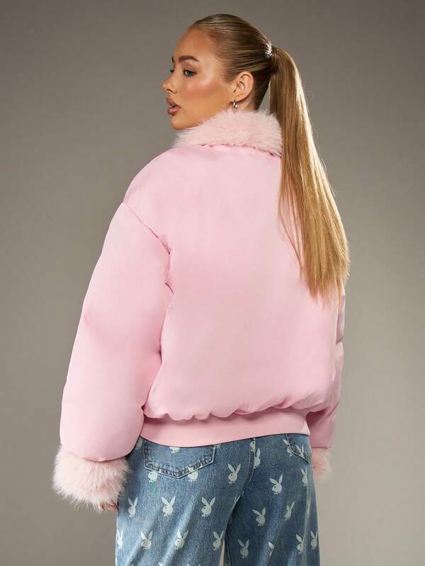 Missguided X Playboy Oversized Puffer Coat With Faux Fur Trim