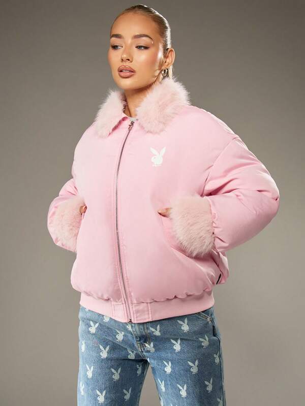 Missguided X Playboy Oversized Puffer Coat With Faux Fur Trim