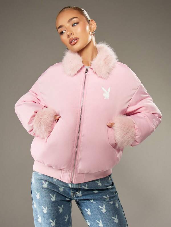 Missguided x Playboy Oversized Puffer Coat With Faux Fur Trim