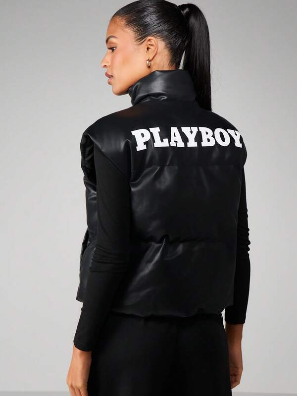 Missguided X Playboy Oversized Puffer Vest With Logo