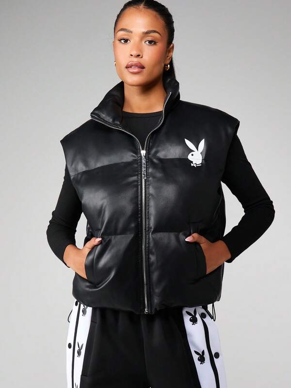 Missguided x Playboy Oversized Puffer Vest With Logo