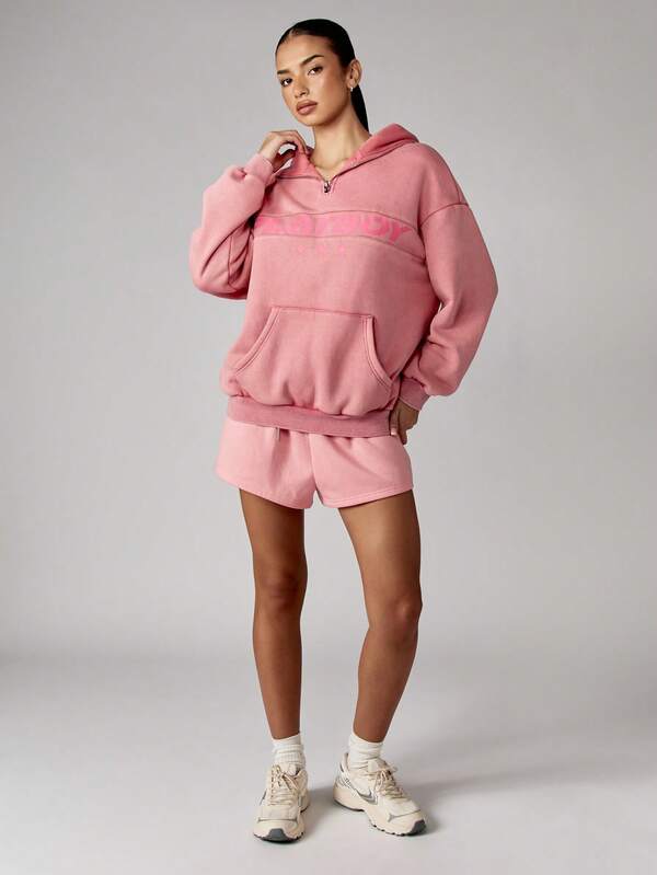 Missguided X Playboy Oversized Quarter Zip Hooded Sweatshirt With Centre Pocket