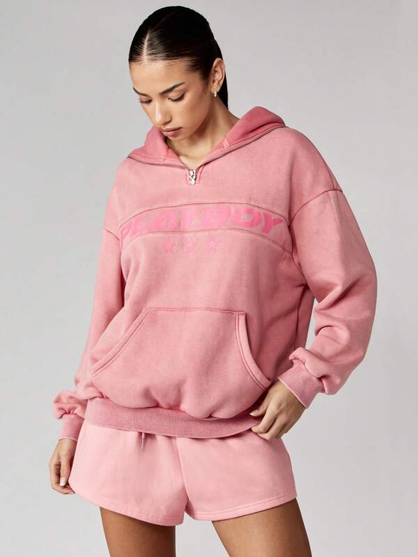 Missguided X Playboy Oversized Quarter Zip Hooded Sweatshirt With Centre Pocket