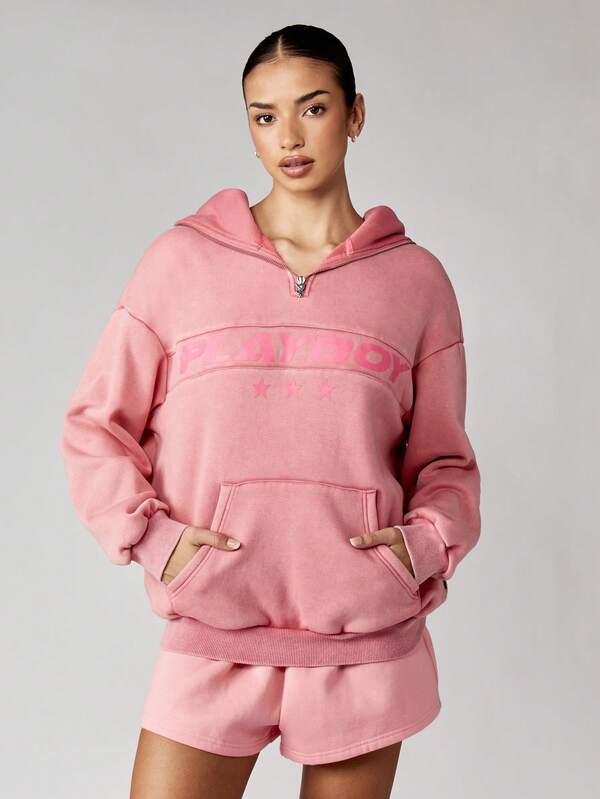 Missguided x Playboy Oversized Quarter Zip Hooded Sweatshirt With Centre Pocket
