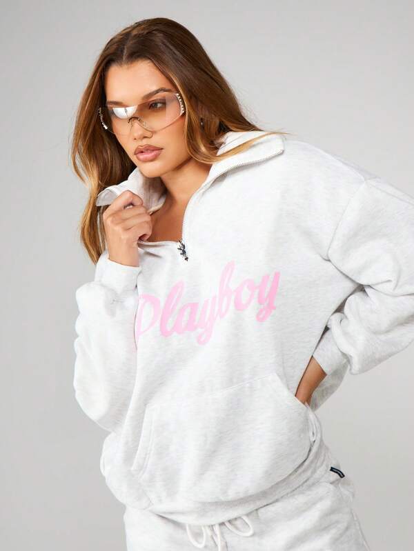 Missguided X Playboy Oversized Quarter Zip Pullover Sweatshirt