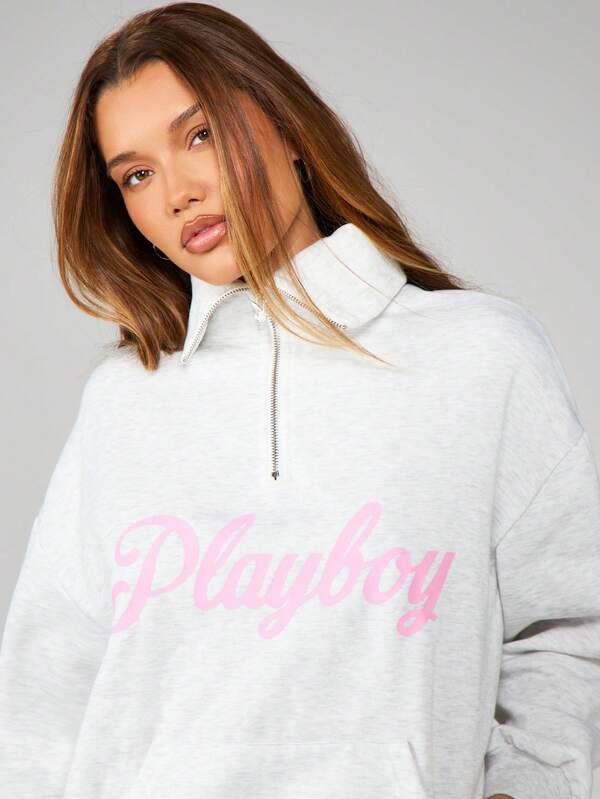 Missguided X Playboy Oversized Quarter Zip Pullover Sweatshirt