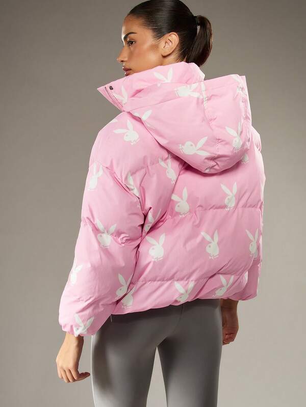 Missguided X Playboy Oversized Quilted Puffer Jacket With Bunny Logo Print