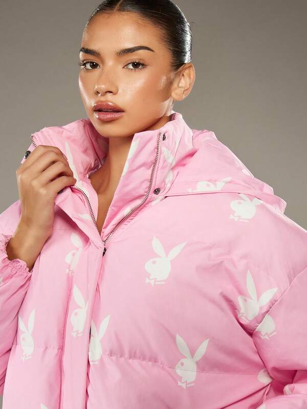 Missguided X Playboy Oversized Quilted Puffer Jacket With Bunny Logo Print