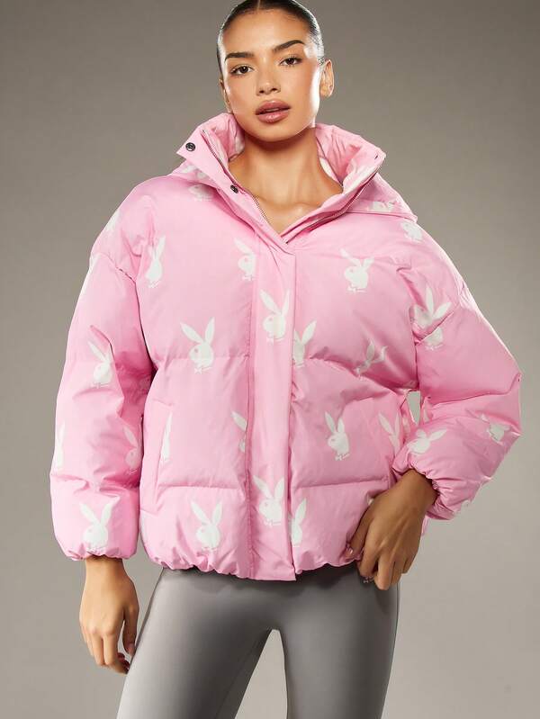 Missguided x Playboy Oversized Quilted Puffer Jacket With Bunny Logo Print