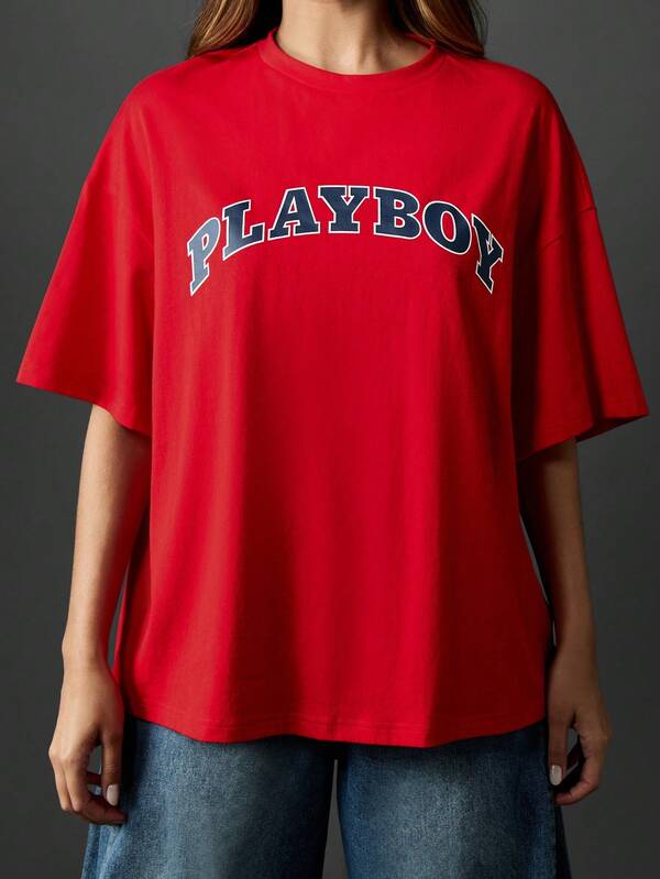 Missguided X Playboy Oversized Red T Shirt With Varsity Logo Print