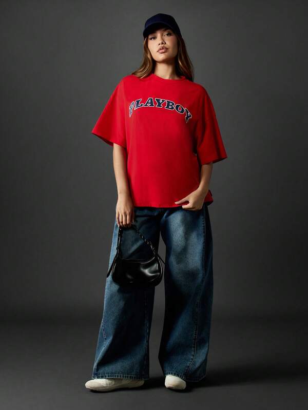 Missguided X Playboy Oversized Red T Shirt With Varsity Logo Print