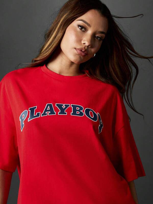 Missguided X Playboy Oversized Red T Shirt With Varsity Logo Print