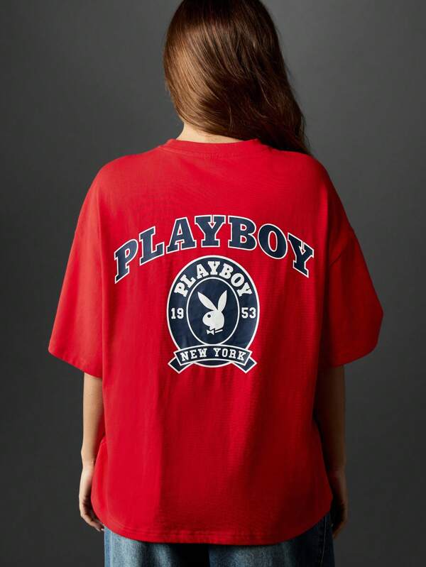 Missguided x Playboy Oversized Red T Shirt With Varsity Logo Print