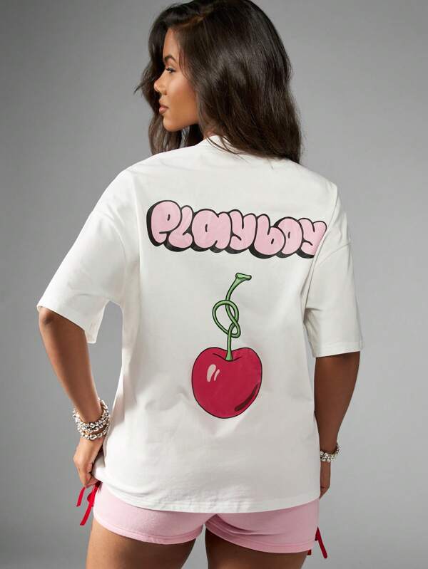 Missguided x Playboy Oversized Retro Cherry Print Logo Tee