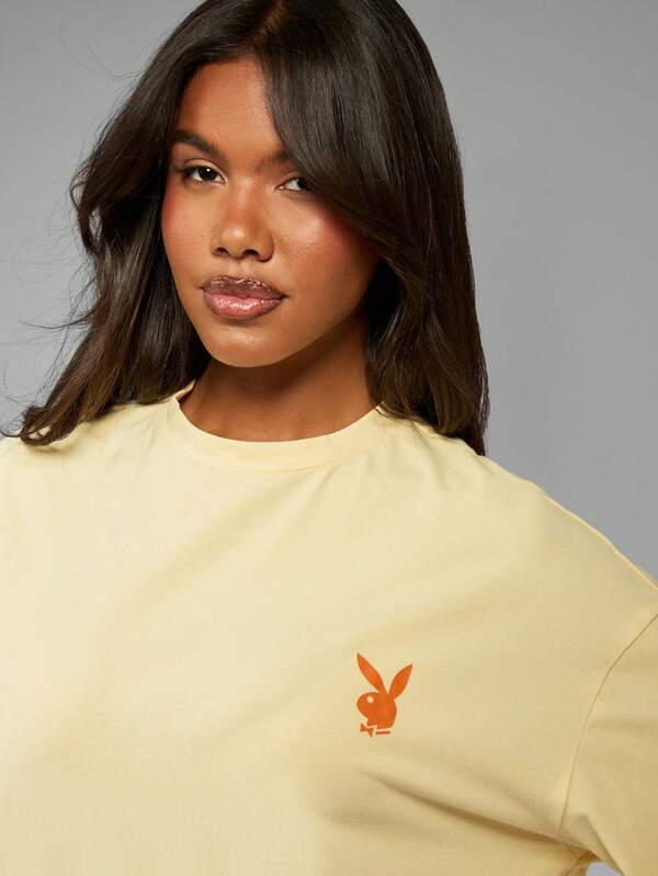 Missguided X Playboy Oversized Retro Style Fashion Casual Graphic T-Shirt With Logo Print