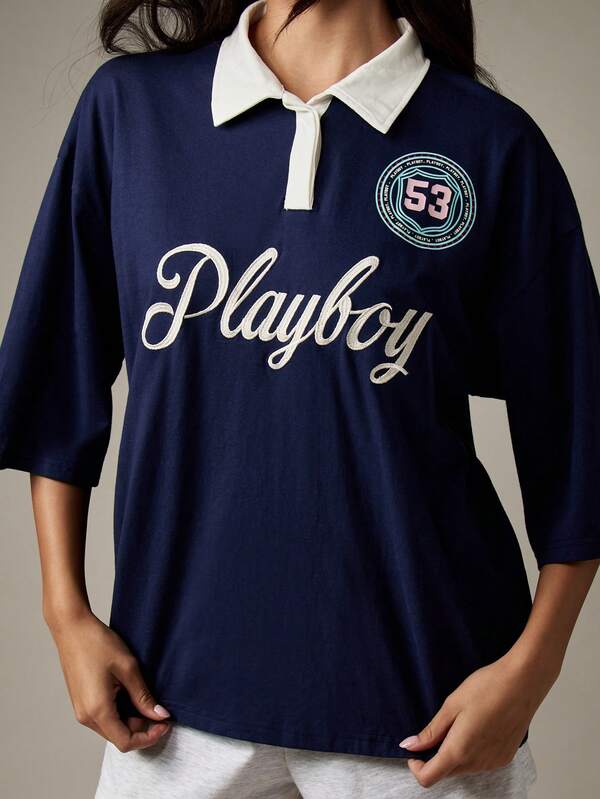 Missguided X Playboy Oversized Rugby Polo Shirt With Logo And Contrast Collar