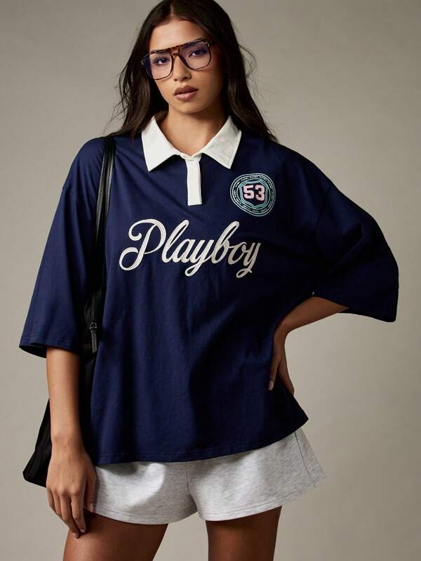 Missguided x Playboy Oversized Rugby Polo Shirt With Logo And Contrast Collar