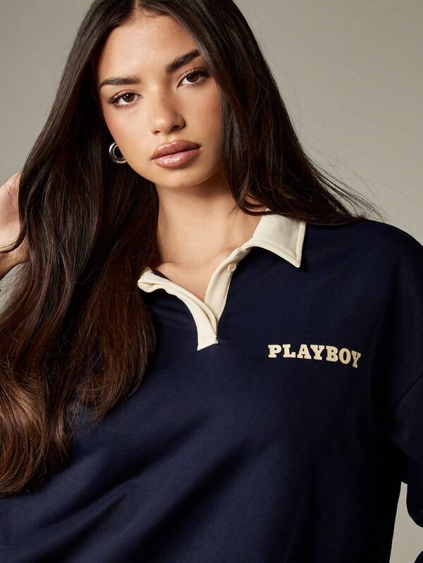 Missguided X Playboy Oversized Rugby Polo With Contrast Collar