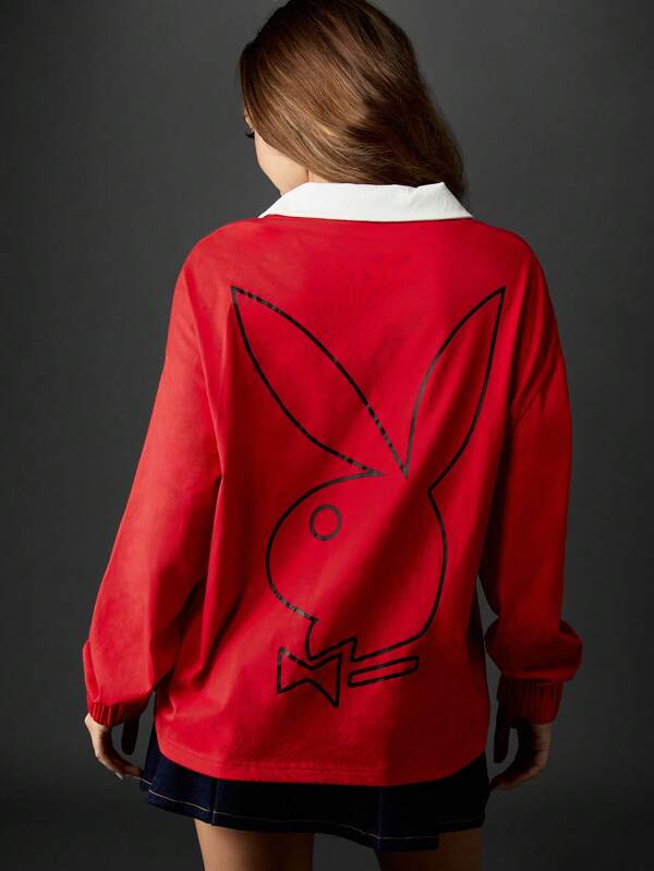 Missguided X Playboy Oversized Rugby Top With Collared Neckline And Bunny Print