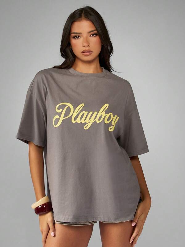 Missguided X Playboy Oversized Script Logo T-Shirt With Boxy Cut