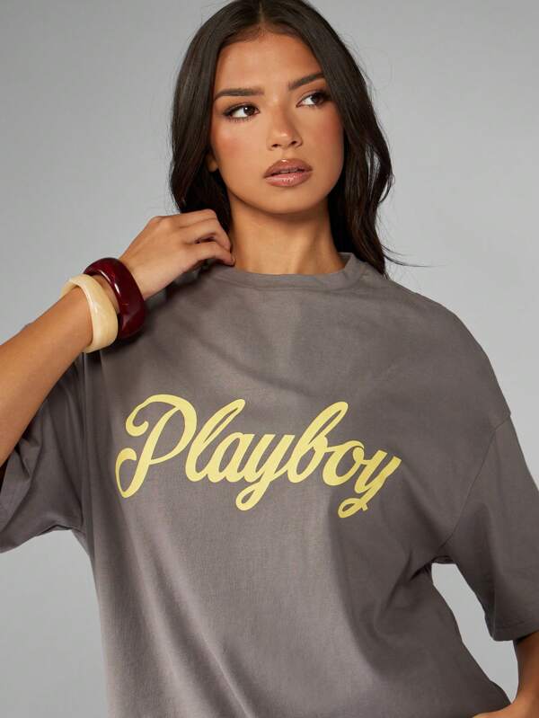 Missguided x Playboy Oversized Script Logo T-Shirt With Boxy Cut