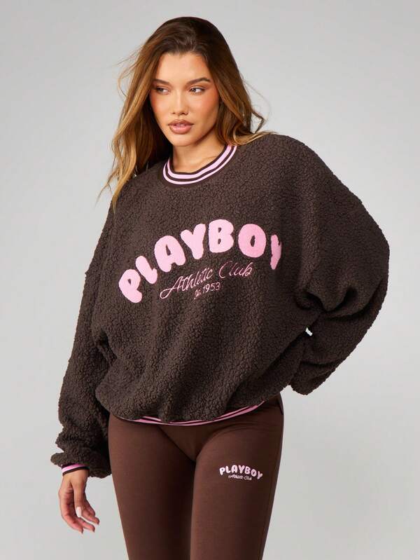 Missguided X Playboy Oversized Sherpa Sweatshirt With Contrast Trim