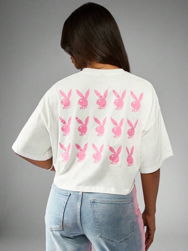 Missguided X Playboy Oversized Short Sleeve Bunny Logo Crop T-Shirt