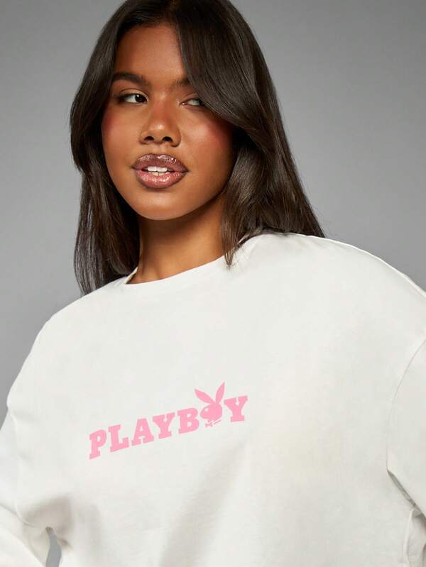 Missguided X Playboy Oversized Short Sleeve Bunny Logo Crop T-Shirt