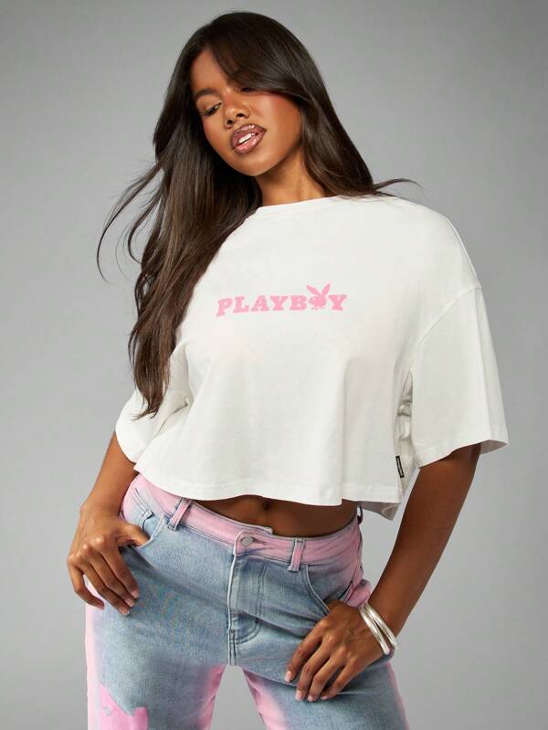 Missguided x Playboy Oversized Short Sleeve Bunny Logo Crop T-Shirt