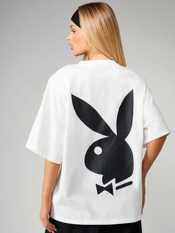 Missguided X Playboy Oversized Shoulder Pad Logo T-Shirt